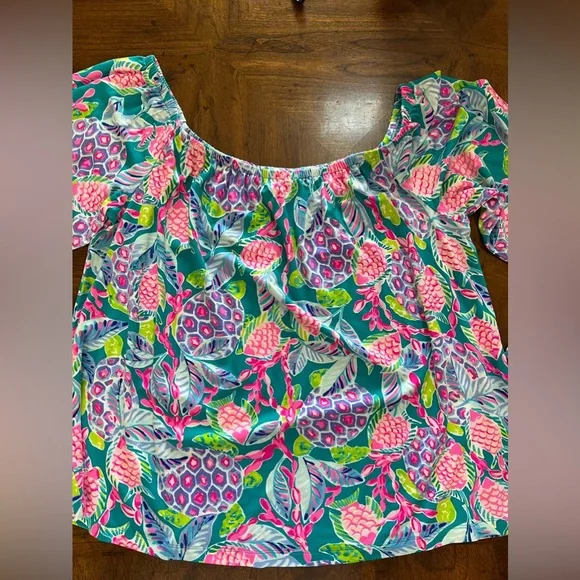 LILLY PULITZER Lana Off the Shoulder Top Maldives Green Turtle Wave Size XL - Picture 7 of 11